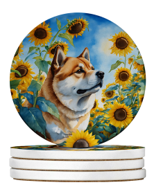 In Sunflowers Large Sandstone Coasters (Dog Breed: Akita 6003)