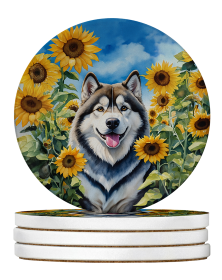 In Sunflowers Large Sandstone Coasters (Dog Breed: Alaskan Malamute 6005)