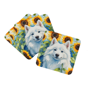 In Sunflowers Foam Coasters (Dog Breed: American Eskimo 6008, size: 3.5)