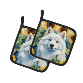 In Sunflowers Pair of Pot Holders (Design: American Eskimo 6008, size: 7.5HX7.5W)
