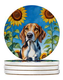 In Sunflowers Large Sandstone Coasters (Dog Breed: American Foxhound 6009)