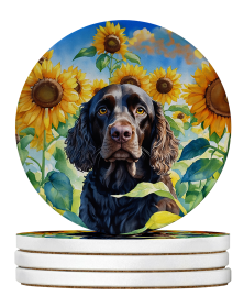 In Sunflowers Large Sandstone Coasters (Dog Breed: American Water Spaniel 6011)