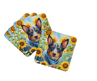 In Sunflowers Foam Coasters (Dog Breed: Australian Cattle Dog 6013, size: 3.5)