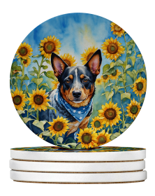 In Sunflowers Large Sandstone Coasters (Dog Breed: Australian Cattle Dog 6013)