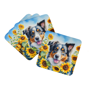 In Sunflowers Foam Coasters (Dog Breed: Australian Shepherd 6014, size: 3.5)