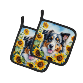 In Sunflowers Pair of Pot Holders (Design: Australian Shepherd 6014, size: 7.5HX7.5W)