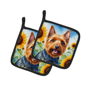 In Sunflowers Pair of Pot Holders (Design: Australian Terrier 6015, size: 7.5HX7.5W)