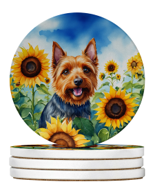In Sunflowers Large Sandstone Coasters (Dog Breed: Australian Terrier 6015)