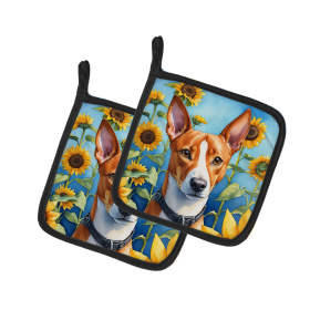 In Sunflowers Pair of Pot Holders (Design: Basenji 6016, size: 7.5HX7.5W)