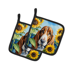 In Sunflowers Pair of Pot Holders (Design: Basset Hound 6017, size: 7.5HX7.5W)