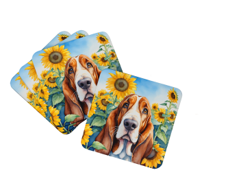 In Sunflowers Foam Coasters (Dog Breed: Basset Hound 6018, size: 3.5)