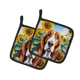 In Sunflowers Pair of Pot Holders (Design: Basset Hound 6018, size: 7.5HX7.5W)