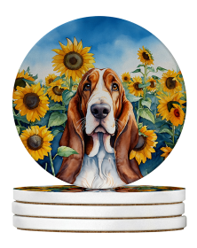 In Sunflowers Large Sandstone Coasters (Dog Breed: Basset Hound 6018)