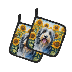 In Sunflowers Pair of Pot Holders (Design: Bearded Collie 6020, size: 7.5HX7.5W)