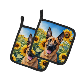 In Sunflowers Pair of Pot Holders (Design: Belgian Malinois 6022, size: 7.5HX7.5W)