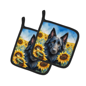 In Sunflowers Pair of Pot Holders (Design: Belgian Sheepdog 6023, size: 7.5HX7.5W)