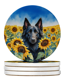 In Sunflowers Large Sandstone Coasters (Dog Breed: Belgian Sheepdog 6023)