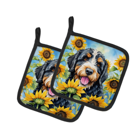 In Sunflowers Pair of Pot Holders (Design: Bernedoodle 6025, size: 7.5HX7.5W)