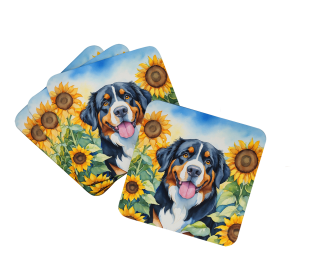 In Sunflowers Foam Coasters (Dog Breed: Bernese Mountain Dog 6026, size: 3.5)