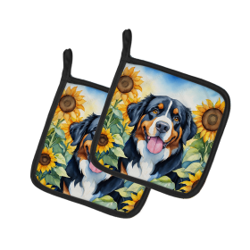 In Sunflowers Pair of Pot Holders (Design: Bernese Mountain Dog 6026, size: 7.5HX7.5W)