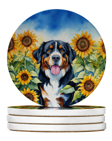 In Sunflowers Large Sandstone Coasters (Dog Breed: Bernese Mountain Dog 6026)