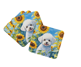 In Sunflowers Foam Coasters (Dog Breed: Bichon Frise 6027, size: 3.5)