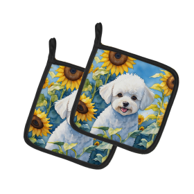 In Sunflowers Pair of Pot Holders (Design: Bichon Frise 6027, size: 7.5HX7.5W)