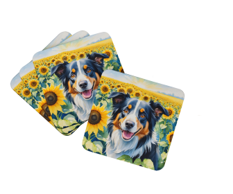 In Sunflowers Foam Coasters (Dog Breed: Border Collie 6032, size: 3.5)