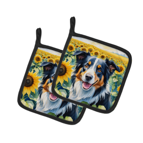 In Sunflowers Pair of Pot Holders (Design: Border Collie 6032, size: 7.5HX7.5W)