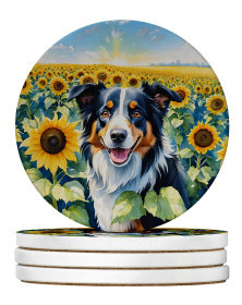 In Sunflowers Large Sandstone Coasters (Dog Breed: Border Collie 6032)