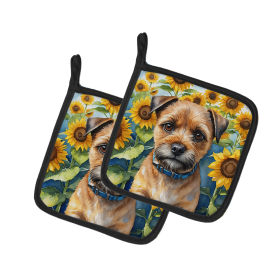 In Sunflowers Pair of Pot Holders (Design: Border Terrier 6033, size: 7.5HX7.5W)