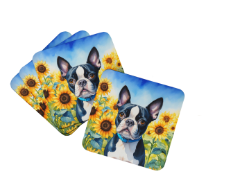 In Sunflowers Foam Coasters (Dog Breed: Boston Terrier 6036, size: 3.5)