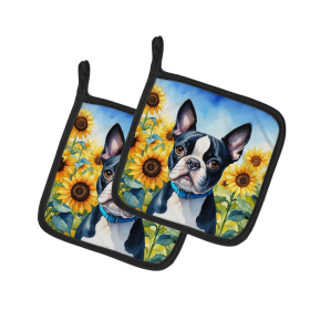In Sunflowers Pair of Pot Holders (Design: Boston Terrier 6036, size: 7.5HX7.5W)