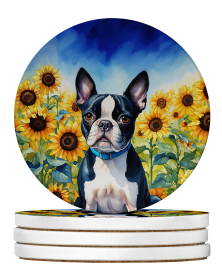 In Sunflowers Large Sandstone Coasters (Dog Breed: Boston Terrier 6036)