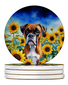 In Sunflowers Large Sandstone Coasters (Dog Breed: Boxer 6037)