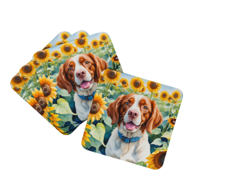 In Sunflowers Foam Coasters (Dog Breed: Brittany Spaniel 6040, size: 3.5)
