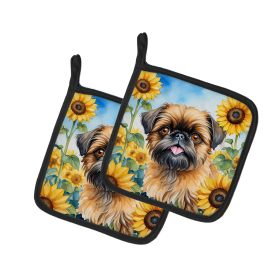 In Sunflowers Pair of Pot Holders (Design: Brussels Griffon 6041, size: 7.5HX7.5W)