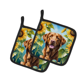 In Sunflowers Pair of Pot Holders (Design: Chesapeake Bay Retriever 6050, size: 7.5HX7.5W)