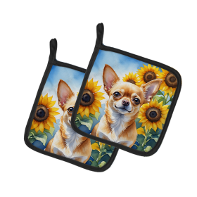 In Sunflowers Pair of Pot Holders (Design: Chihuahua 6051, size: 7.5HX7.5W)