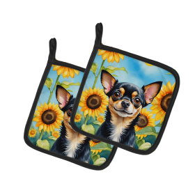 In Sunflowers Pair of Pot Holders (Design: Chihuahua 6052, size: 7.5HX7.5W)