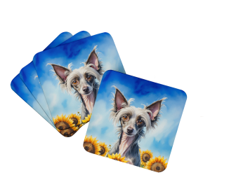 In Sunflowers Foam Coasters (Dog Breed: Chinese Crested 6053, size: 3.5)