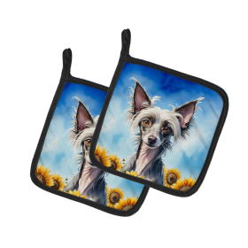 In Sunflowers Pair of Pot Holders (Design: Chinese Crested 6053, size: 7.5HX7.5W)
