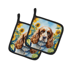 In Sunflowers Pair of Pot Holders (Design: Cocker Spaniel 6058, size: 7.5HX7.5W)