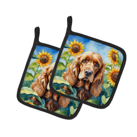 In Sunflowers Pair of Pot Holders (Design: Cocker Spaniel 6059, size: 7.5HX7.5W)