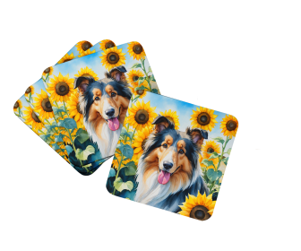 In Sunflowers Foam Coasters (Dog Breed: Collie 6061, size: 3.5)
