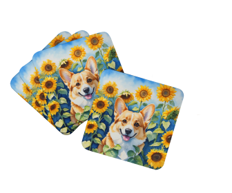 In Sunflowers Foam Coasters (Dog Breed: Corgi 6062, size: 3.5)