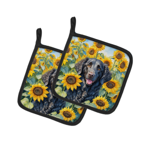 In Sunflowers Pair of Pot Holders (Design: Curly-Coated Retriever 6064, size: 7.5HX7.5W)