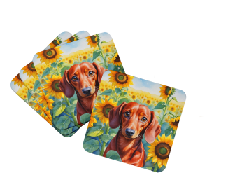 In Sunflowers Foam Coasters (Dog Breed: Dachshund 6065, size: 3.5)