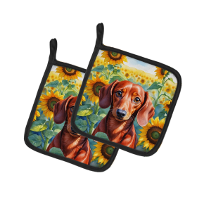 In Sunflowers Pair of Pot Holders (Design: Dachshund 6065, size: 7.5HX7.5W)