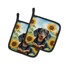 In Sunflowers Pair of Pot Holders (Design: Dachshund 6066, size: 7.5HX7.5W)